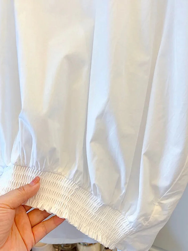 Cotton Asymmetrical Crop Blouse Women Korean Pleated Bow Bandage Shirt Casual O-Neck Solid Elegant Blusas Mujer Moda 2026