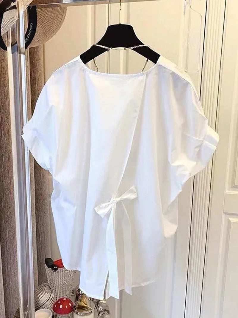 Cotton Asymmetrical Crop Blouse Women Korean Pleated Bow Bandage Shirt Casual O-Neck Solid Elegant Blusas Mujer Moda 2026