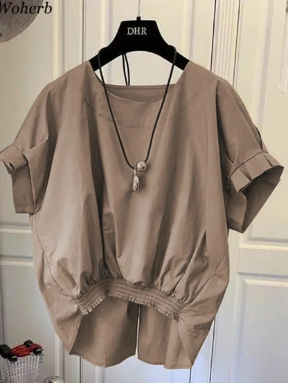Cotton Asymmetrical Crop Blouse Women Korean Pleated Bow Bandage Shirt Casual O-Neck Solid Elegant Blusas Mujer Moda 2026