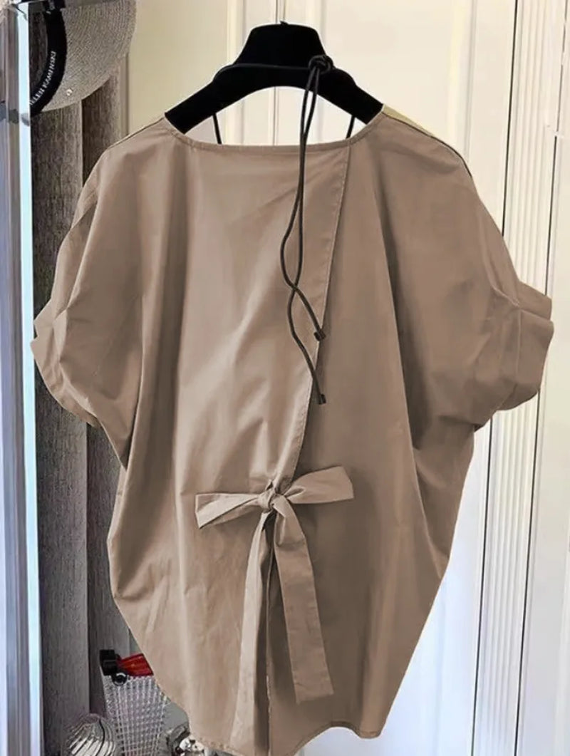 Cotton Asymmetrical Crop Blouse Women Korean Pleated Bow Bandage Shirt Casual O-Neck Solid Elegant Blusas Mujer Moda 2026