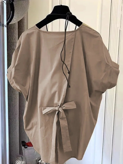 Cotton Asymmetrical Crop Blouse Women Korean Pleated Bow Bandage Shirt Casual O-Neck Solid Elegant Blusas Mujer Moda 2026
