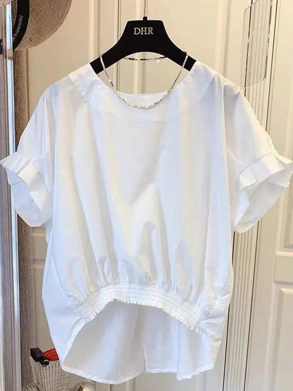 Cotton Asymmetrical Crop Blouse Women Korean Pleated Bow Bandage Shirt Casual O-Neck Solid Elegant Blusas Mujer Moda 2026