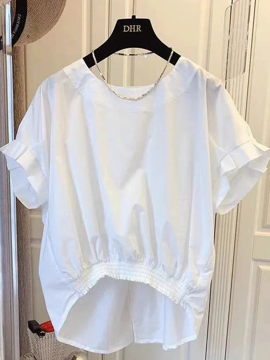 Cotton Asymmetrical Crop Blouse Women Korean Pleated Bow Bandage Shirt Casual O-Neck Solid Elegant Blusas Mujer Moda 2026