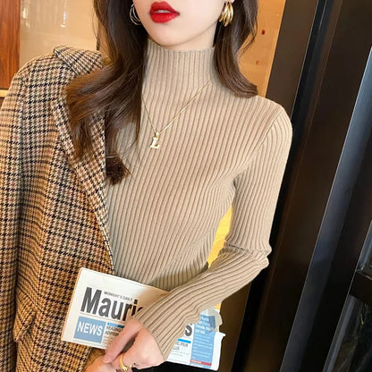 Winter Long Sleeve Mock Neck Knitted Women Sweater Pullover Slim Knit Sweater Women Tops Blusas Mujer De Moda 2024 Blusa J995