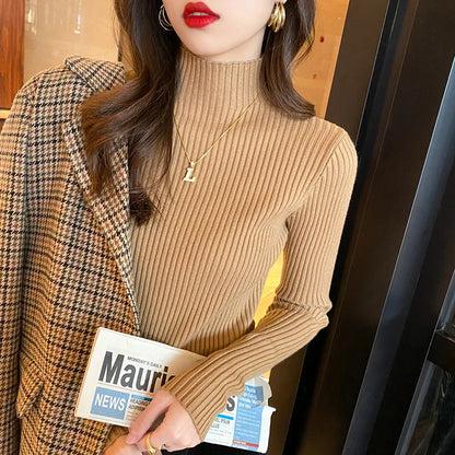 Winter Long Sleeve Mock Neck Knitted Women Sweater Pullover Slim Knit Sweater Women Tops Blusas Mujer De Moda 2024 Blusa J995