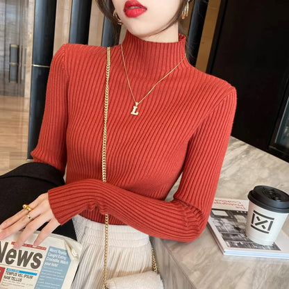 Winter Long Sleeve Mock Neck Knitted Women Sweater Pullover Slim Knit Sweater Women Tops Blusas Mujer De Moda 2024 Blusa J995