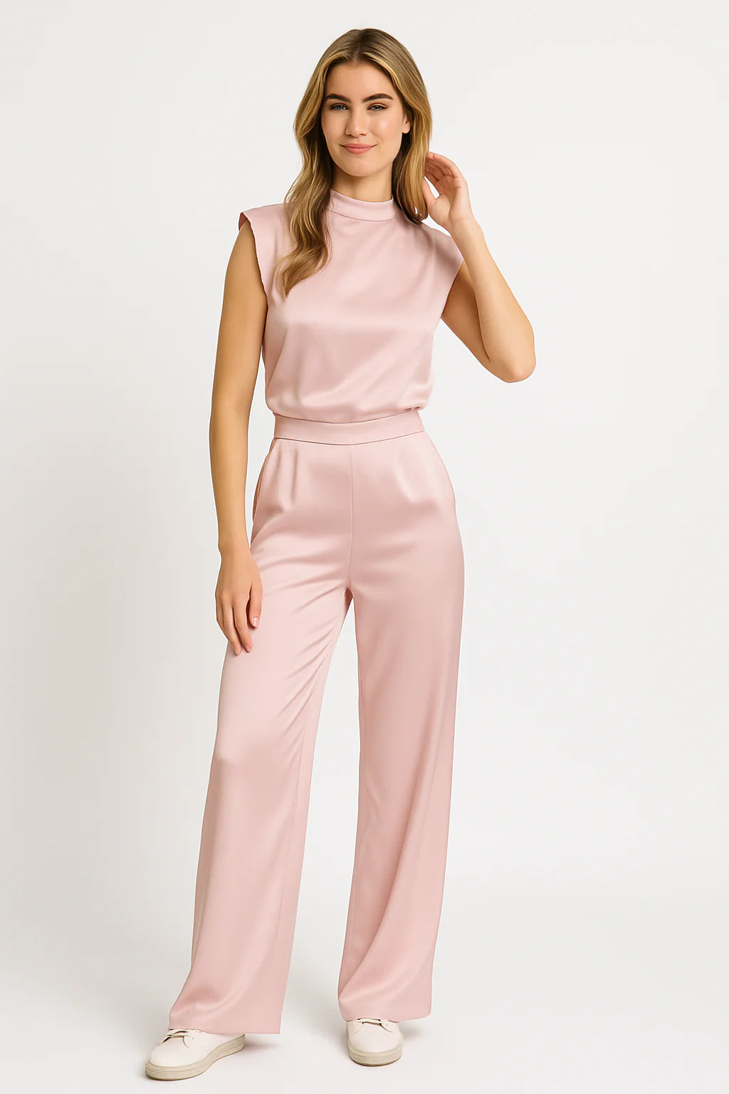 Catharina | Dames Jumpsuit – Luxe Satijnlook, Mouwloos, Wijde Pijpen, Open Rug